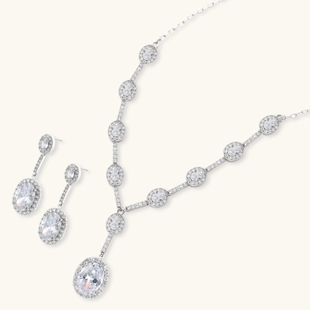 Celestial Cascade Y-necklace and drop earrings shown at an angle