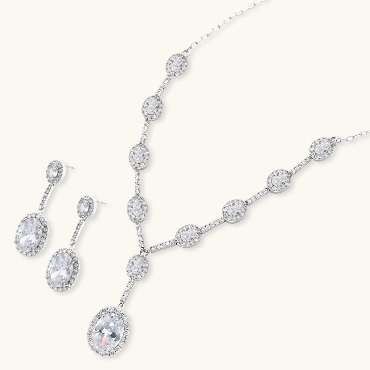 Celestial Cascade Y-necklace and drop earrings shown at an angle