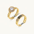Gold-plated adjustable ring with twisted chain band, central cubic zirconia stone surrounded by crystal halo on cream background
