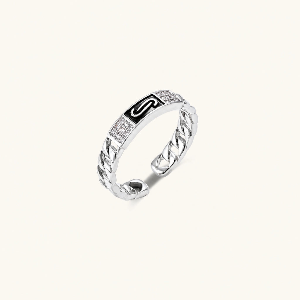 Two adjustable white gold plated rings with chain-link bands, featuring cubic zirconia halo and enamel details