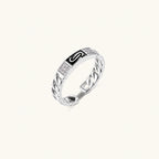 Two adjustable white gold plated rings with chain-link bands, featuring cubic zirconia halo and enamel details