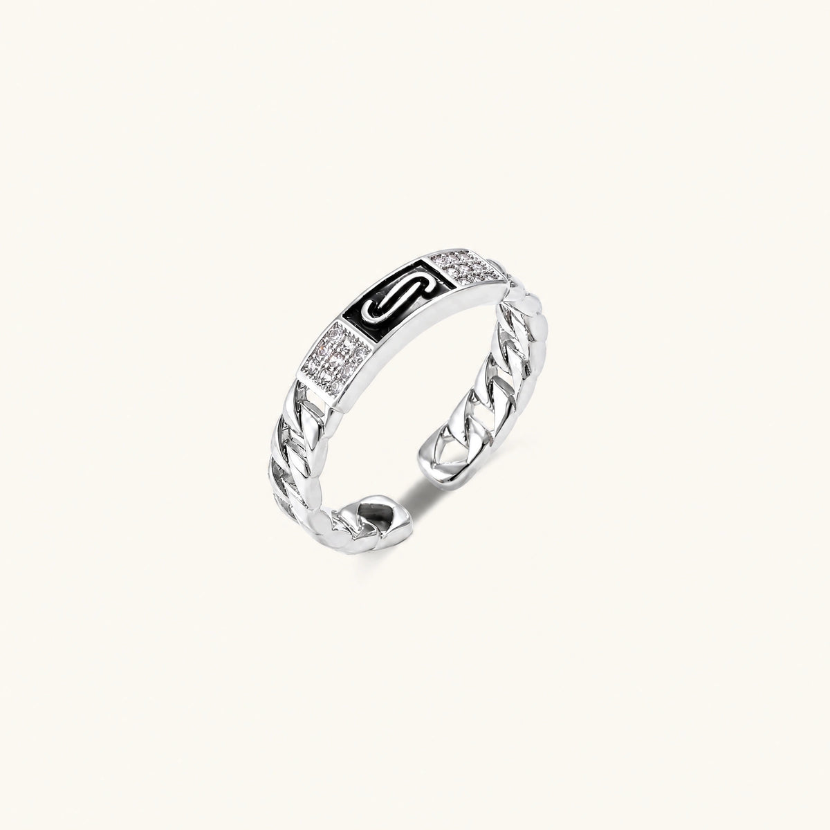 Two adjustable white gold plated rings with chain-link bands, featuring cubic zirconia halo and enamel details