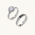 Two adjustable white gold plated rings with chain-link bands, featuring cubic zirconia halo and enamel details