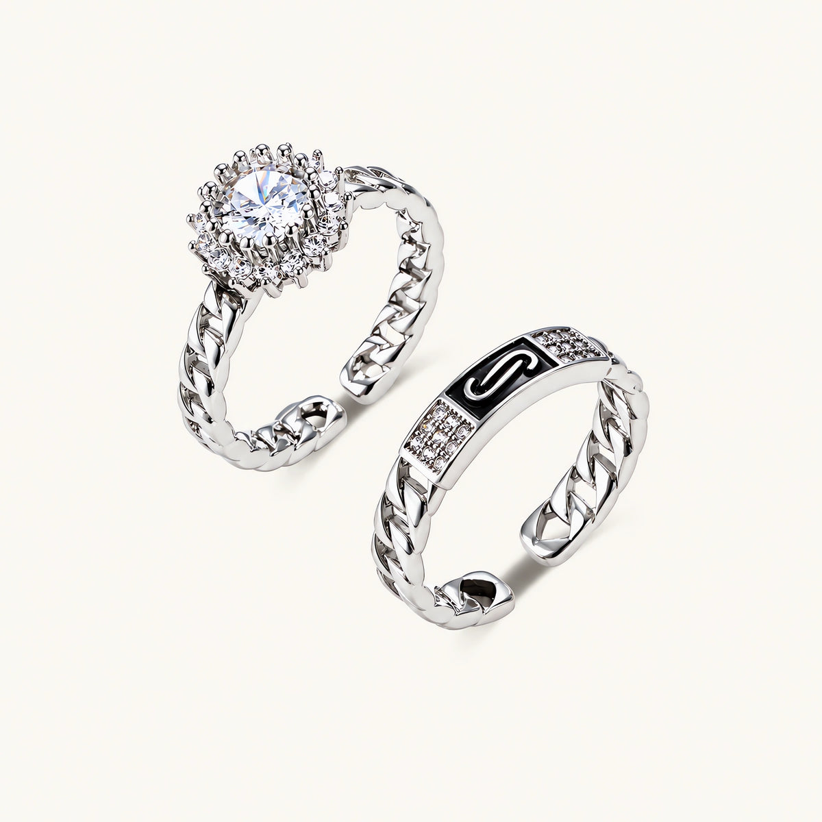 Two adjustable white gold plated rings with chain-link bands, featuring cubic zirconia halo and enamel details