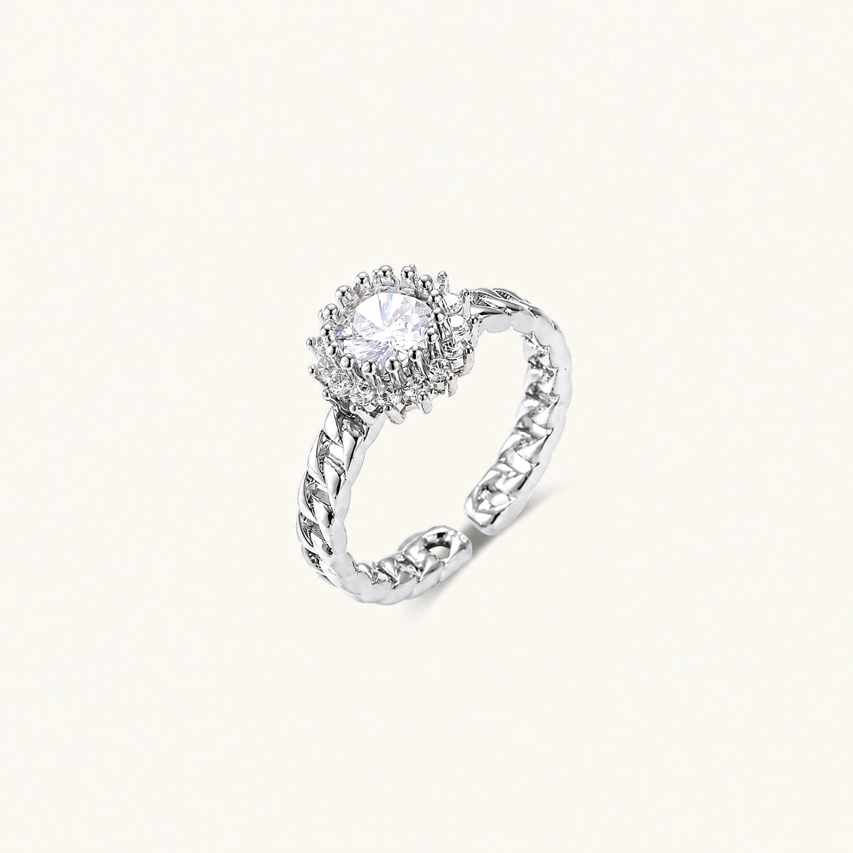 Two adjustable white gold plated rings with chain-link bands, featuring cubic zirconia halo and enamel details